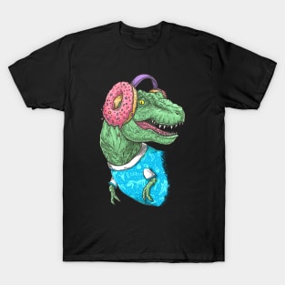 T-rex with headphones on black T-Shirt